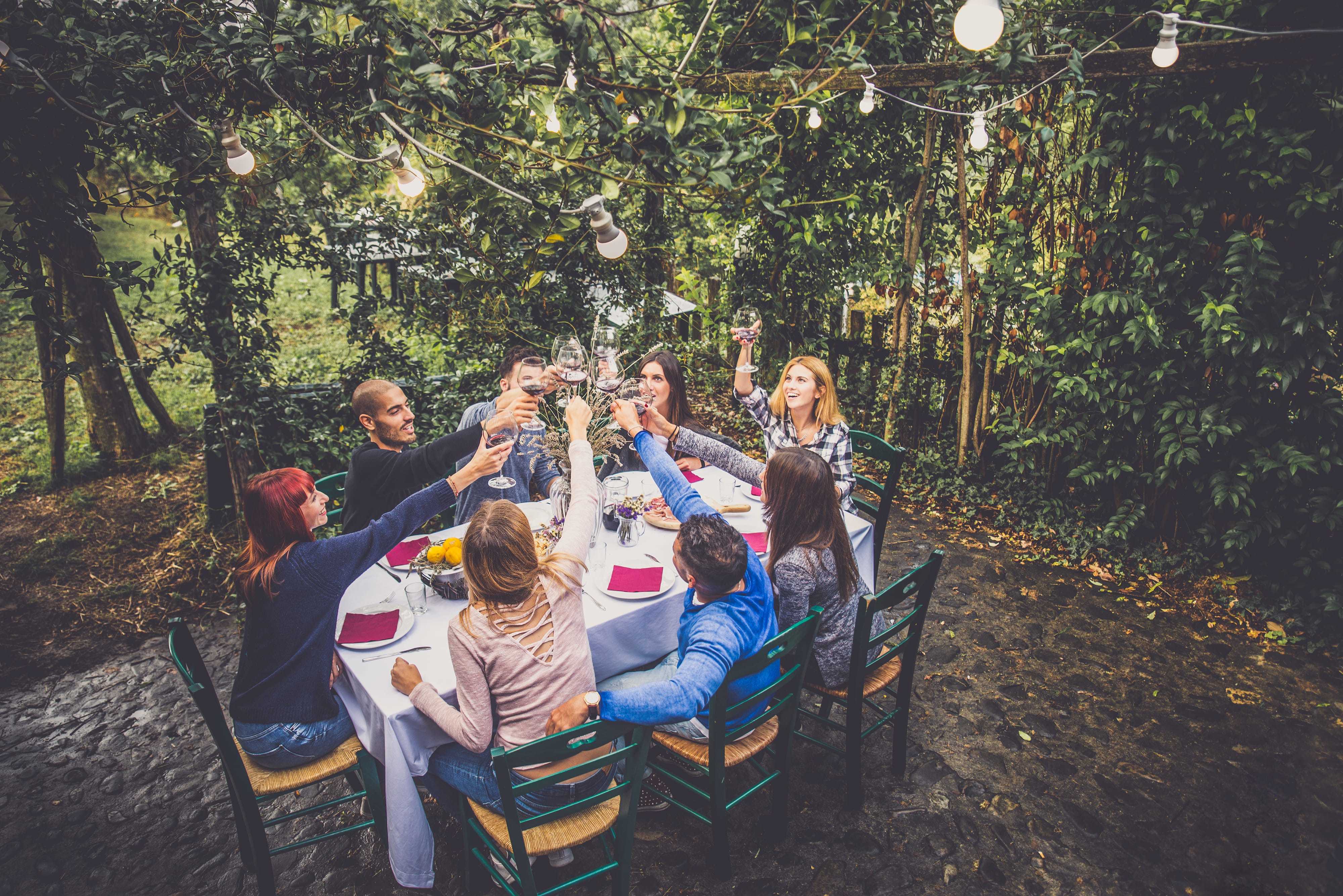 A group of friends celebrating around a table in a forest