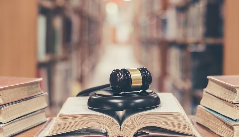 Judge's gavel resting on an old legal textbook with a library background