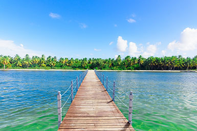 Landscape view of a wooden bridge leading to a sandy island with palm trees
